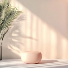 Leinwandbilder - Serene interior showcasing a stylish pink pouf complemented by a palm leaf under soft sunlight