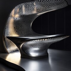 Poster - Futuristic exhibition design with illuminated structure and sculptural form in dark setting