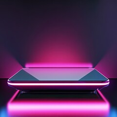 Poster - Sleek Futuristic Platform Radiant Neon Illumination Display Stand Exuding Sophistication in Modern Minimalist Design and Captivating Dark Ambiance