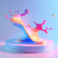 Fototapete - Abstract colorful liquid paint splash floating against pastel backdrop with smooth presentation stand