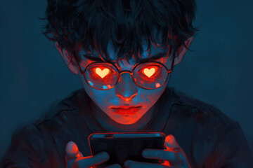 Cellphone addict, teenager excess of social media, children mobile phone screen dependency