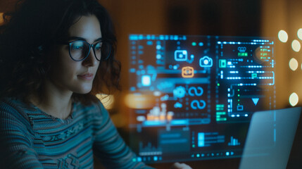 Wall Mural - the digital architect: a focused woman, illuminated by the glow of her laptop, interacts with an adv