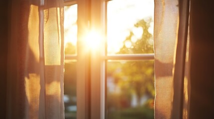 Leinwandbilder - Warm sunlight streaming through curtains in a cozy room creating a serene atmosphere : Generative AI