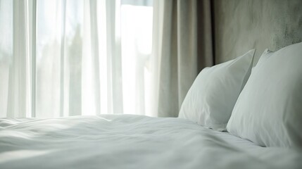 Leinwandbilder - A cozy and inviting bedroom scene featuring soft pillows and sheer curtains letting in natural light : Generative AI