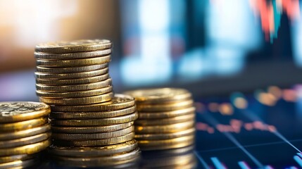 Fototapete - Close up view of stacked gold coins with financial charts in the background representing investments and wealth management : Generative AI