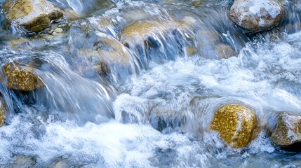Aufkleber - Beautiful closeup of crystal clear water flowing over smooth stones in a serene natural setting : Generative AI