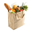 © Alexandr Peers - A reusable paper grocery bag filled with fresh produce, dairy, and baked goods, symbolizing eco-friendly shopping and healthy nutrition, isolated on transparent background in PNG