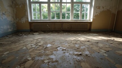 Aufkleber - Abandoned room with peeling paint and a view of overgrown trees through large windows : Generative AI