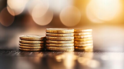 Leinwandbilder - Stacked golden coins arranged in a neat order reflecting light and showcasing wealth and prosperity : Generative AI