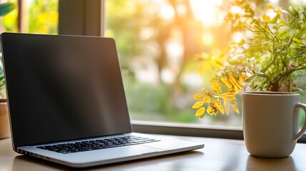 Poster - Sunlit Workspace with a Laptop and Potted Plant by the Window : Generative AI