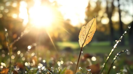 Aufkleber - Delicate autumn leaf illuminated by golden sunlight in a dewy garden setting : Generative AI