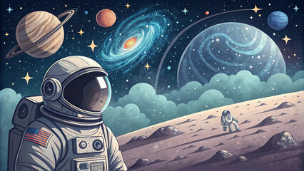 astronaut exploring a colorful and dreamy space landscape