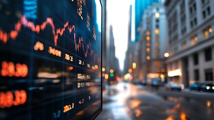 Aufkleber - Dynamic financial market display with graphs and city ambiance captured in rain : Generative AI