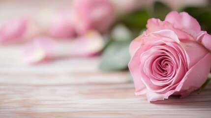 Poster - Delicate pink rose resting on a wooden surface creating a romantic and serene atmosphere : Generative AI