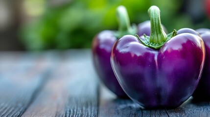 Poster - Fresh vibrant purple bell peppers ready for cooking placed on rustic wooden table with blurred garden background : Generative AI