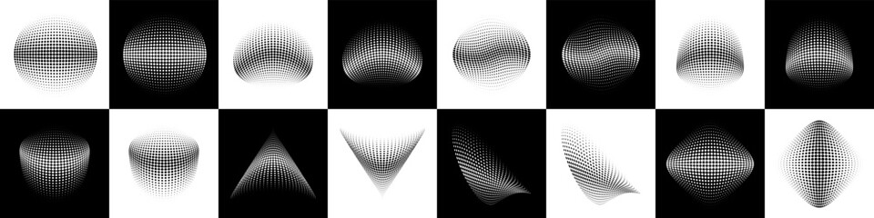 Wall Mural - set of halftone dots curved gradient pattern textures background. curve dotted spots using half tone
