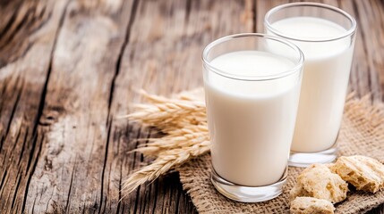 Aufkleber - Two glasses of fresh milk with rustic bread pieces on wooden table representing wholesome meal : Generative AI