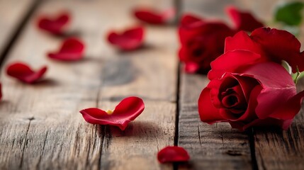 Poster - Beautiful red roses and scattered petals on wooden surface creating an elegant romantic scene : Generative AI