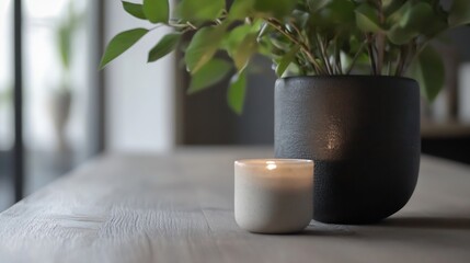 Poster - Stylish indoor scene featuring decorative house plant with modern black pot and lit candle on wooden table : Generative AI