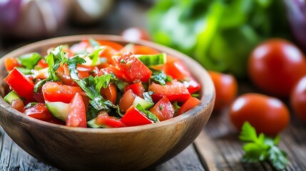 Poster - Vibrant and fresh salad mix with tomatoes and herbs presented in a rustic wooden bowl : Generative AI
