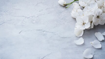 Poster - Delicate white cherry blossoms arranged elegantly on a textured gray surface : Generative AI
