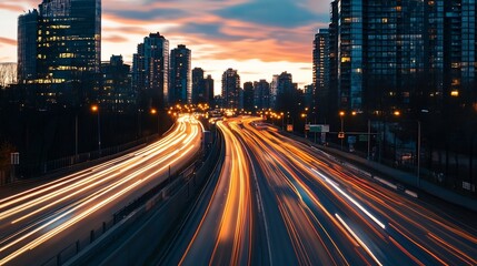 Poster - Dynamic view of city traffic at dusk with vibrant light trails from moving vehicles : Generative AI