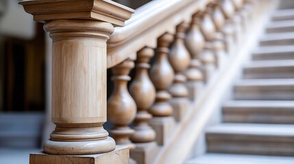 Poster - Elegant wooden railing detail leading to a staircase with beautiful craftsmanship and design : Generative AI