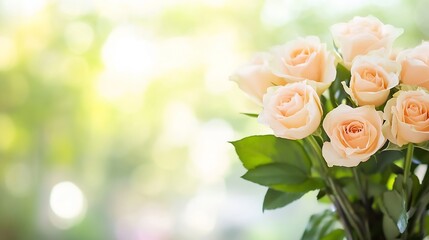 Poster - Beautiful bouquet of soft peach roses with fresh green leaves set against a blurred nature background : Generative AI