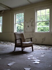 Aufkleber - An abandoned room with a solitary old chair surrounded by signs of neglect and disrepair : Generative AI