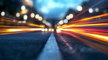 Poster - Illuminated Street Scene at Night with Vibrant Vehicle Lights Blurring Near Roadway : Generative AI