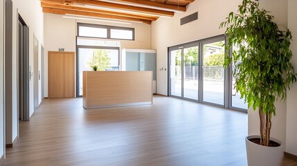 Poster - Modern Office Interior Featuring a Reception Desk Surrounded by Bright Windows and Plants : Generative AI