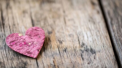 Poster - Beautiful hand crafted pink heart shaped paper on vintage wooden table background : Generative AI