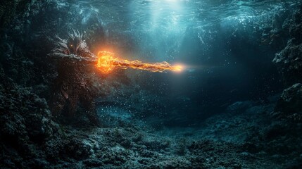 Poster - Underwater adventure fiery energy burst ocean depths digital art mystical environment dramatic viewpoint