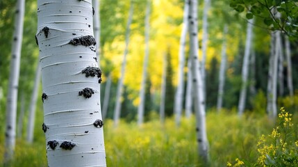 Poster - Serene Aspects of Nature Featuring Beautiful White Birch Trees in Lush Green Forest Setting : Generative AI