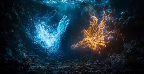 Fototapete - Underwater clash of elemental forces ocean depths digital art magical realm wide angle fantasy concept
