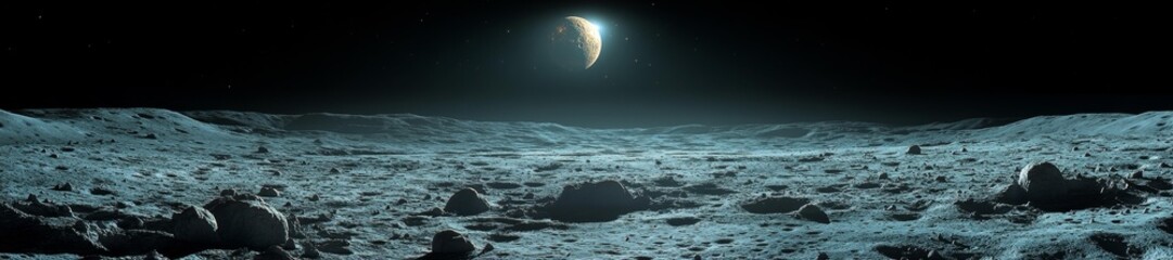 Wall Mural - Panoramic View of the Moon's Surface with Earth Visible in the Background. Generative AI