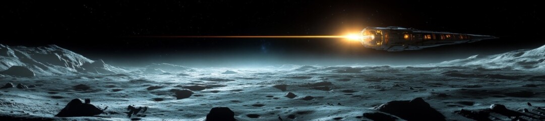 Wall Mural - A spaceship flying over the Moon's surface with sunlight casting dramatic shadows on the lunar landscape. Generative AI