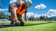© Quality Assets - Worker installing artificial grass on a sports field with a clear blue sky and trees in the background