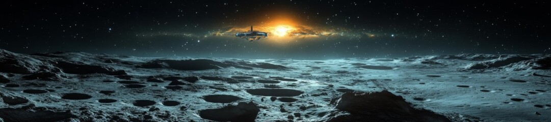 Wall Mural - A futuristic spacecraft orbiting the Moon with a cloud of stars in the background casting a shadow on the lunar surface. Generative AI