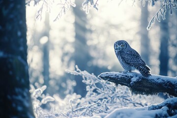 Wall Mural - a bird sits on a branch amidst snow-covered trees, suggesting winter scenery