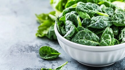 Poster - Fresh Spinach Leaves in a White Bowl on a Gray Table with One Leaf Spilled : Generative AI