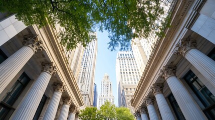 Aufkleber - Stunning View of Architectural Columns and Skyscrapers Beneath Blue Sky in Urban Landscape : Generative AI