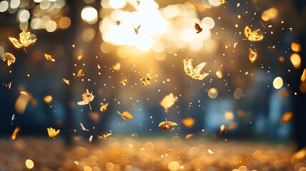 Aufkleber - Magical atmosphere created by golden autumn leaves floating softly in sunlight filtering through a forest : Generative AI