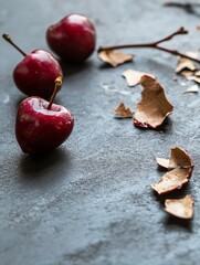 Poster - Three bright red cherries set on a dark textured surface with dry leaves scattered around : Generative AI