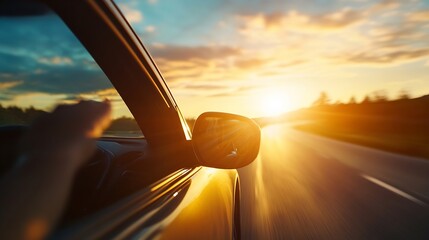 Aufkleber - Dynamic shot of a car driving through picturesque landscape at sunset capturing motion and freedom : Generative AI