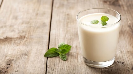 Aufkleber - Chilled glass of creamy beverage garnished with mint leaves set on rustic wooden table : Generative AI