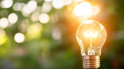 Poster - Glowing light bulb illuminating natural bokeh background representing creativity and innovation in a moment of inspiration : Generative AI