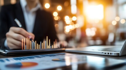 Poster - Professional analyzing data on a digital tablet with colorful graphs and charts in a modern office setting : Generative AI