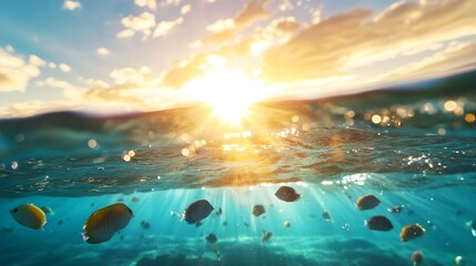 Aufkleber - Beneath the Ocean Waves Vibrant Fish and Sunlight Create a Captivating Seascape : Generative AI