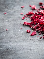 Poster - Crushed vibrant red rose petals scattered on a dark surface evoking romance and beauty : Generative AI